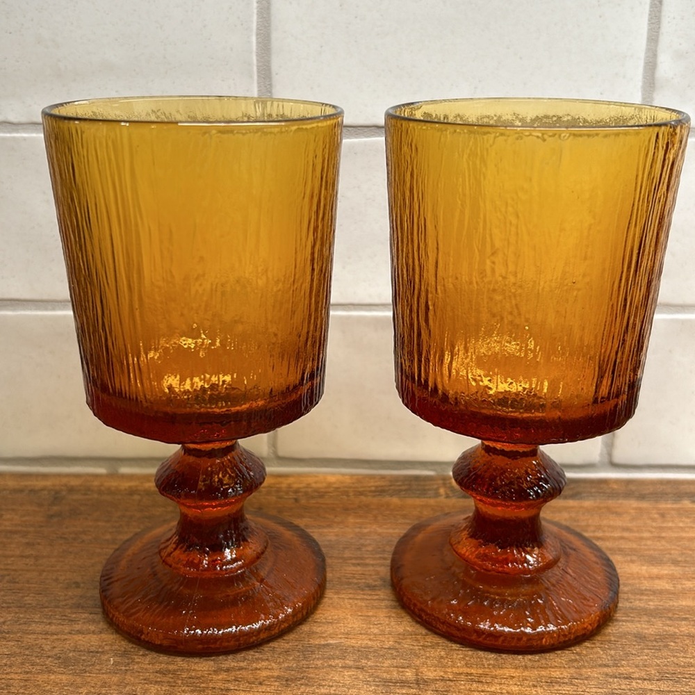 Vintage Ravenhead Siesta Mid Century Textured Stemmed Amber Glasses Set Of Four - Picture 3 of 16